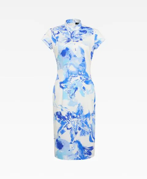 Short Ginger Flower Ink Printed Qipao