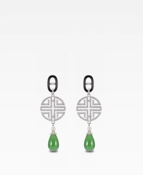 Black Agate Fortune Shou Earrings with Jade Pendant